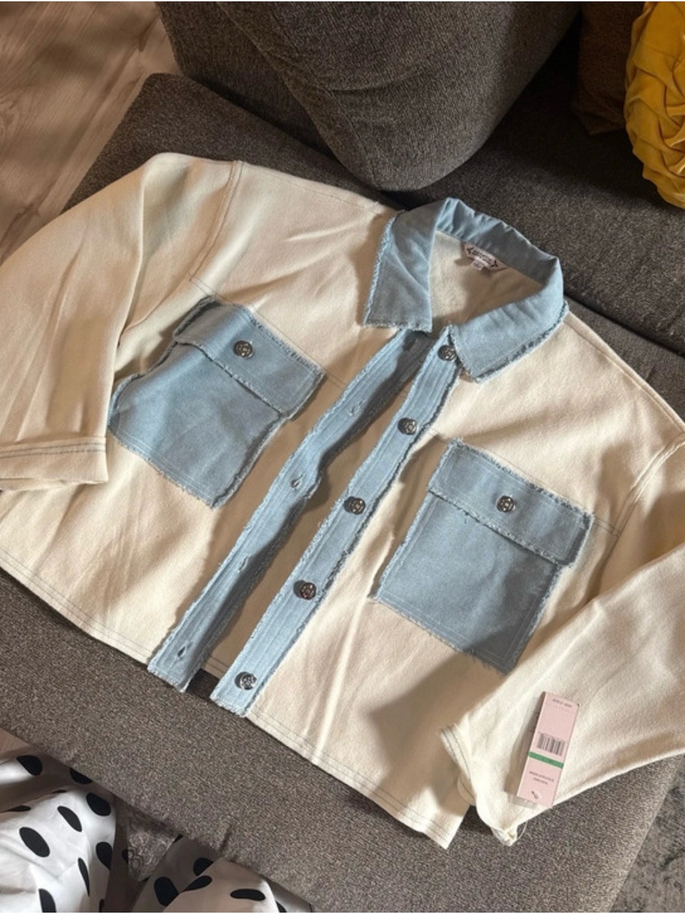 Nanette Lepore Cream Cropped Jacket with Light Blue Denim Accents
